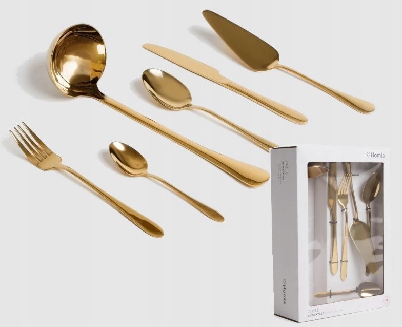 Złote sztućce zestaw z chochlą i łopatką 4 os.