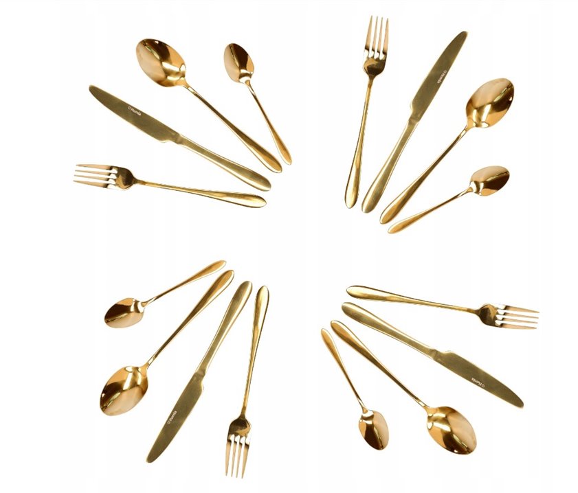 Złote sztućce zestaw z chochlą i łopatką 4 os.