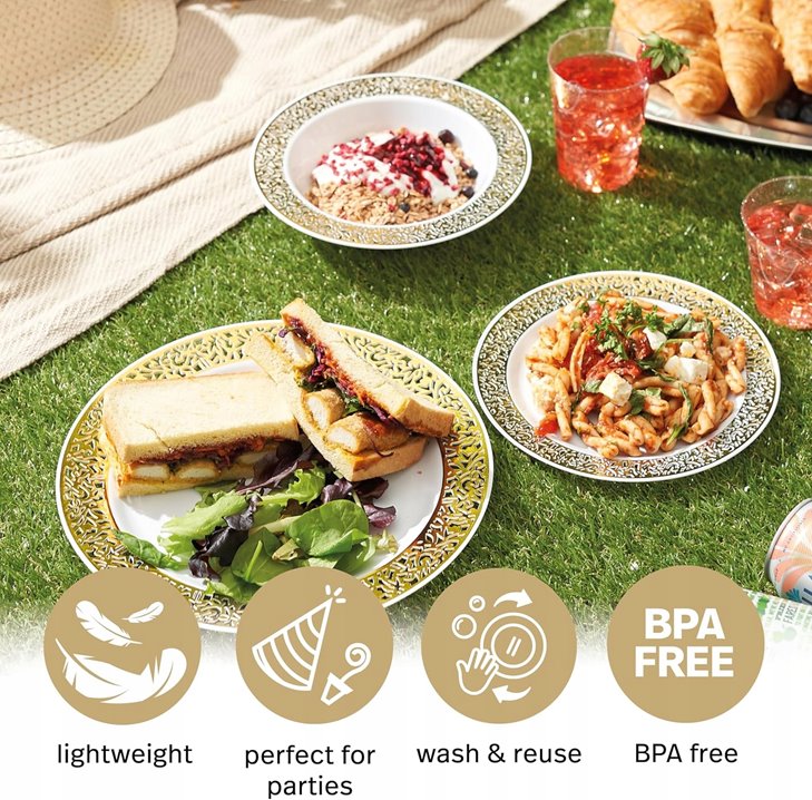 Złote talerze wielorazowe 20 sztuk