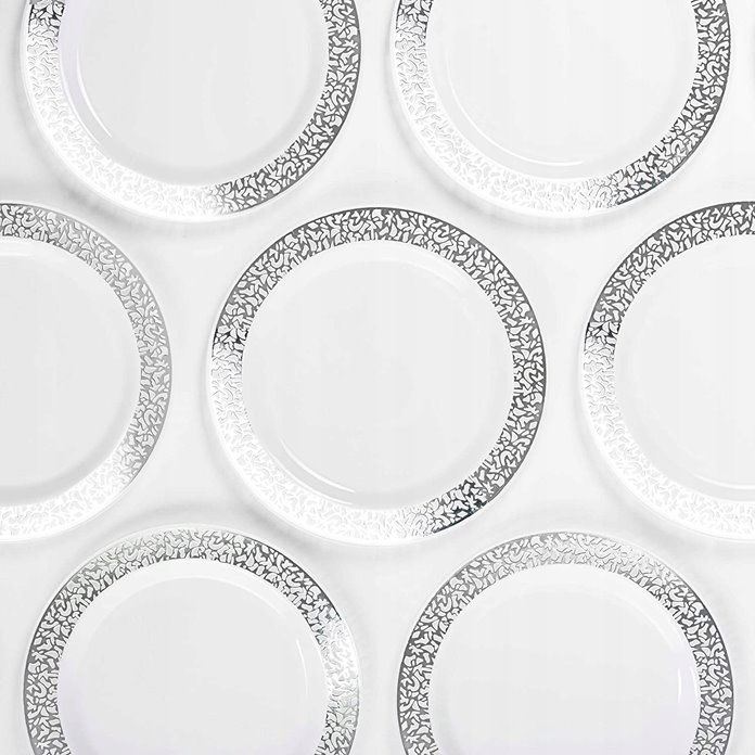 Talerze wielorazowe obiadowe srebrne 10 sztuk