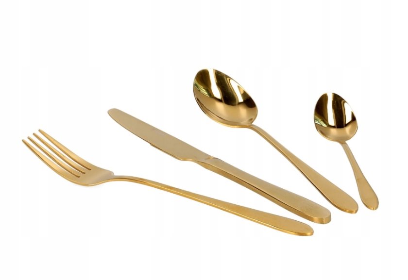 Złote sztućce zestaw z chochlą i łopatką 4 os.