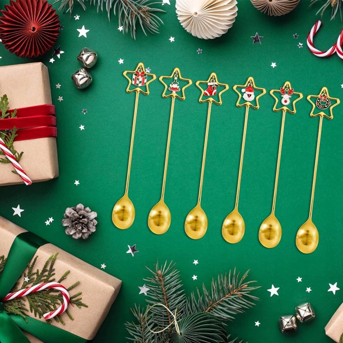 Złote łyżeczki świąteczne z zawieszkami 6 szt.