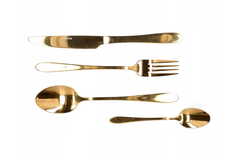 Złote sztućce zestaw z chochlą i łopatką 4 os.