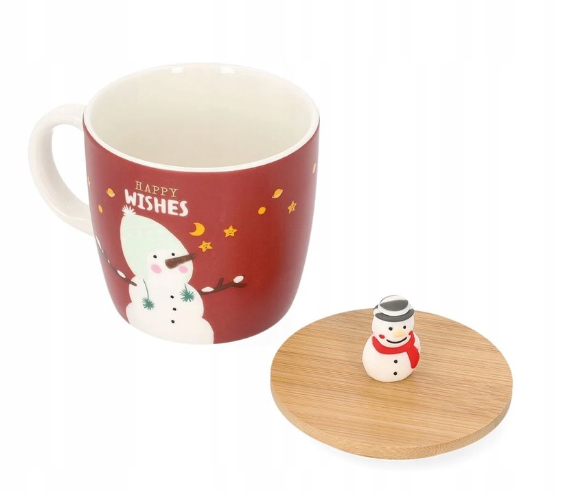 Kubek świąteczny MOLDY z bałwanem i pokrywką 0,3 l czerwony z bałwankiem