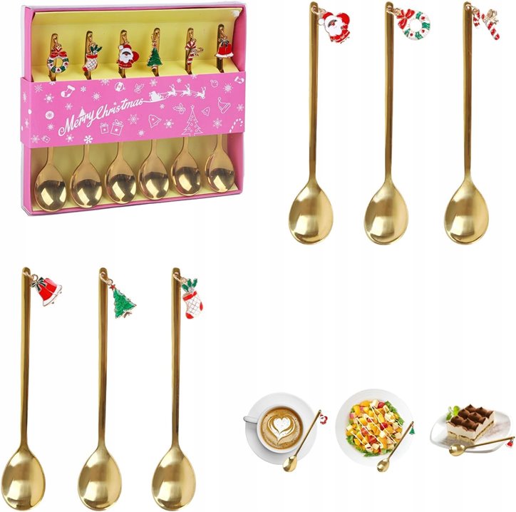 Złote łyżeczki z zawieszkami na prezent Święta Wigilia Mikołaj 6 sztuk