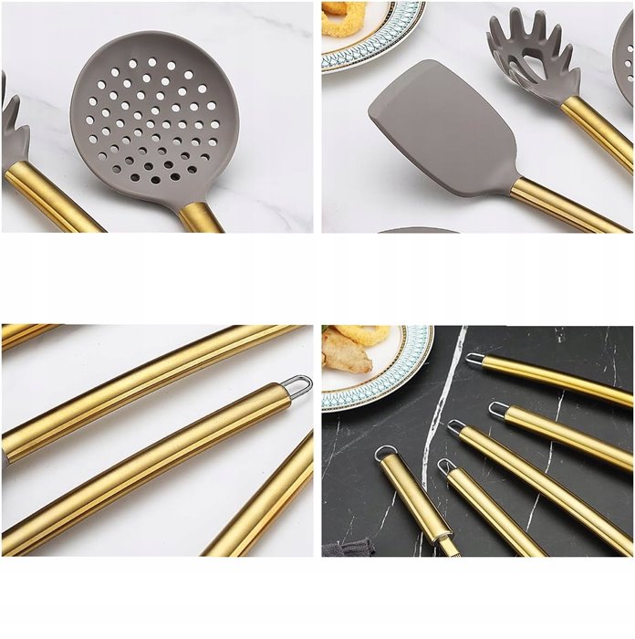 Złote przybory do kuchni silikonowe w stojaku 38 sztuk zestaw przyborów