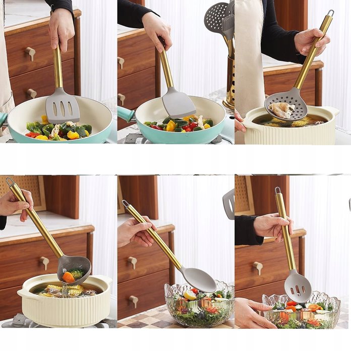 Złote przybory do kuchni silikonowe w stojaku 38 sztuk zestaw przyborów