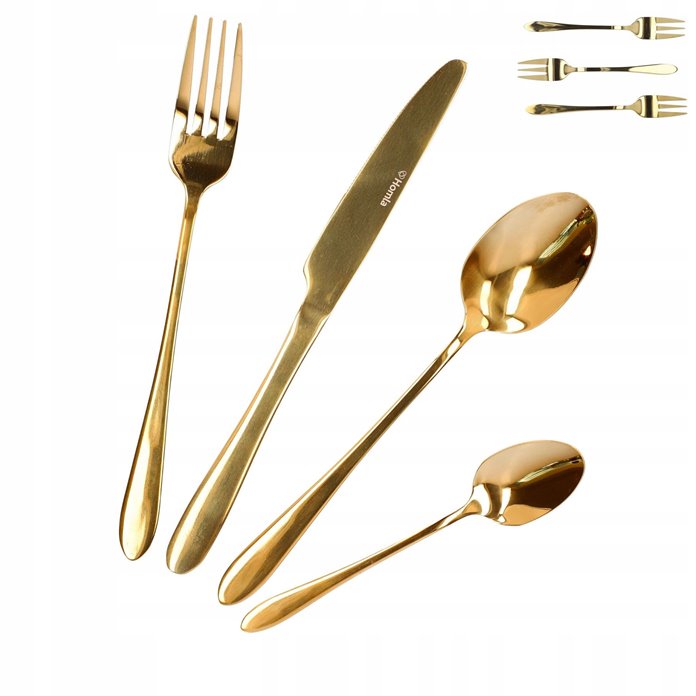 Złote sztućce zestaw z chochlą i łopatką 4 os.