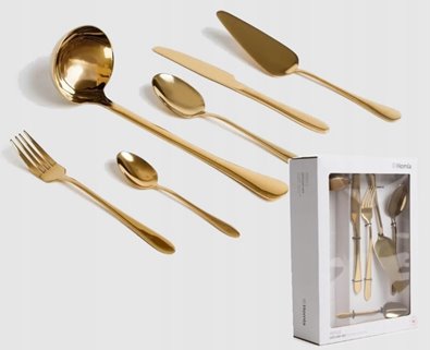 Złote sztućce zestaw z chochlą i łopatką 4 os.