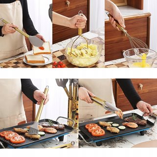 Złote przybory do kuchni silikonowe w stojaku 38 sztuk zestaw przyborów