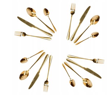 Złote sztućce zestaw z chochlą i łopatką 4 os.