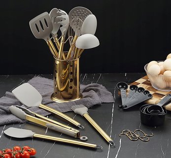 Złote przybory do kuchni silikonowe w stojaku 38 sztuk zestaw przyborów