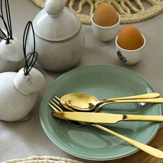 Złote sztućce zestaw z chochlą i łopatką 4 os.