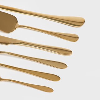 Złote sztućce zestaw z chochlą i łopatką 4 os.