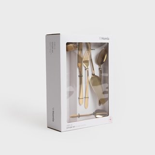 Złote sztućce zestaw z chochlą i łopatką 4 os.