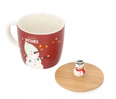 Kubek świąteczny MOLDY z bałwanem i pokrywką 0,3 l czerwony z bałwankiem