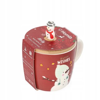 Kubek świąteczny MOLDY z bałwanem i pokrywką 0,3 l czerwony z bałwankiem