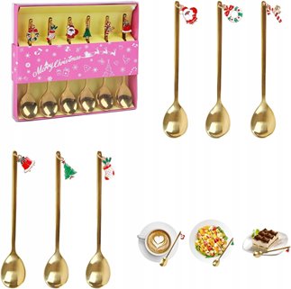 Złote łyżeczki z zawieszkami na prezent Święta Wigilia Mikołaj 6 sztuk