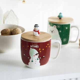 Kubek świąteczny MOLDY z bałwanem i pokrywką 0,3 l czerwony z bałwankiem