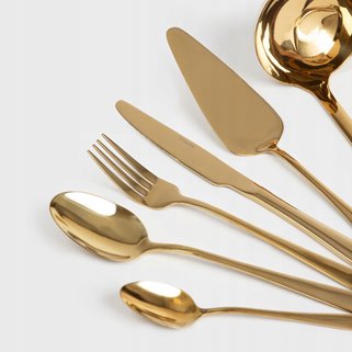 Złote sztućce zestaw z chochlą i łopatką 4 os.