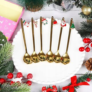 Złote łyżeczki z zawieszkami na prezent Święta Wigilia Mikołaj 6 sztuk