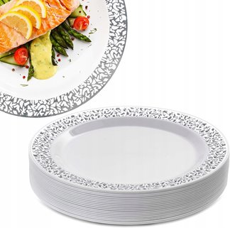 Talerze wielorazowe obiadowe srebrne 10 sztuk