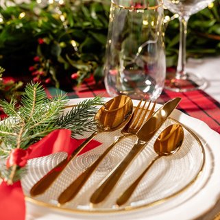 Złote sztućce zestaw z chochlą i łopatką 4 os.