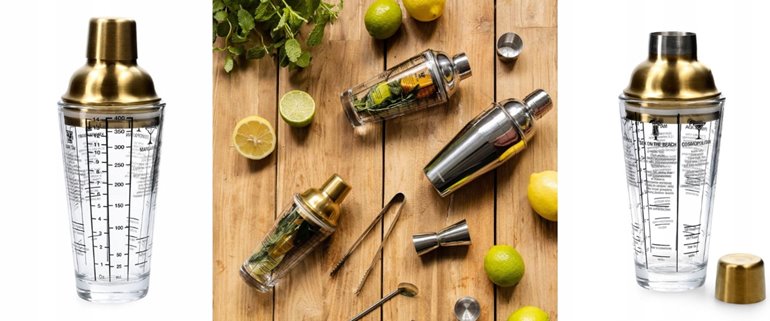 Złoty szklany SHAKER z przepisami na drinki HOMLA idealny prezent