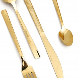 Złote sztućce młotkowane dla 6 osób eleganckie duży zestaw pudełko